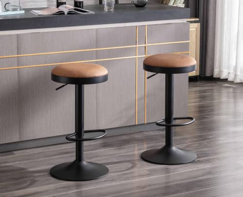 EALSON Modern Swivel Bar Stools Set of 2 Adjustable Counter Height Backless Barstools with Metal Base Leather Upholstered Round Bar Stool Chairs for Kitchen Island/Pub/Breakfast Bar, Brown