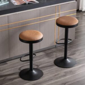 EALSON Modern Swivel Bar Stools Set of 2 Adjustable Counter Height Backless Barstools with Metal Base Leather Upholstered Round Bar Stool Chairs for Kitchen Island/Pub/Breakfast Bar, Brown