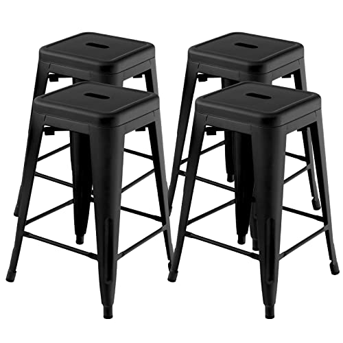 COSTWAY Bar Stools Set of 4, 24” Stackable Metal Stools with Square Seat & Handing Hole, X-Shaped Reinforced Design, Backless Bar Chairs for Kitchen, Dining Room, Pub (Black, 24‘’)