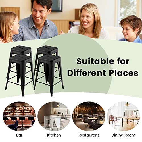 COSTWAY Bar Stools Set of 4, 24” Stackable Metal Stools with Square Seat & Handing Hole, X-Shaped Reinforced Design, Backless Bar Chairs for Kitchen, Dining Room, Pub (Black, 24‘’)