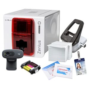 cardholdir id evolis zenius id card printer single sided with hd webcam, 200 blank id cards, 200 strap clips & color ribbon | employee badge maker