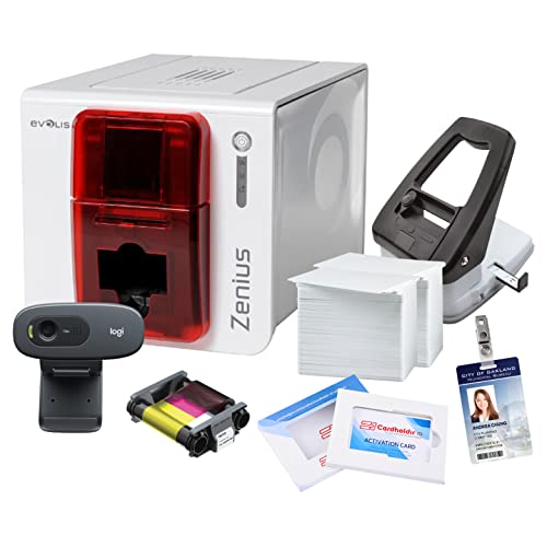 Cardholdir ID Evolis Zenius ID Card Printer Single Sided with HD Webcam, 200 Blank ID Cards, 200 Strap Clips & Color Ribbon | Employee Badge Maker