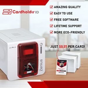 Cardholdir ID Evolis Zenius ID Card Printer Single Sided with HD Webcam, 200 Blank ID Cards, 200 Strap Clips & Color Ribbon | Employee Badge Maker