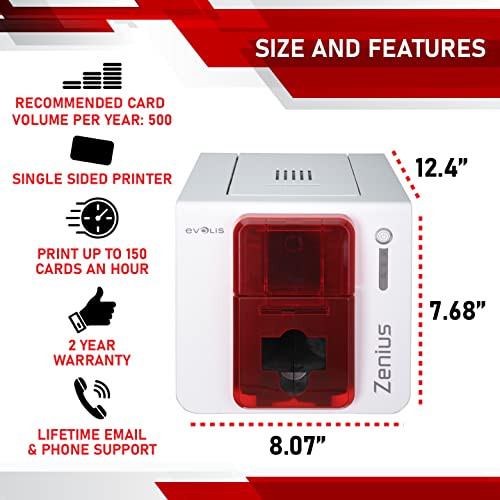 Cardholdir ID Evolis Zenius ID Card Printer Single Sided with HD Webcam, 200 Blank ID Cards, 200 Strap Clips & Color Ribbon | Employee Badge Maker