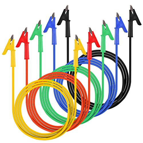 WGGE 5PCS Dual Ended Alligator Clips Test Leads Set, 15A Test Lead Wire Cable with Insulators Clips, Heavy Duty Cable with Protective Jack Copper Clamps for Electrical Testing 5 Colors 3.3 ft/1m