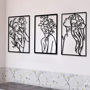 chengu 3 pieces metal minimalist abstract woman wall art drawing single line female home hanging wall art decor for kitchen bathroom living room (black, floral style)