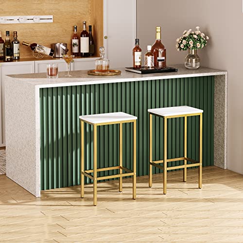 MAHANCRIS Bar Stools, Set of 2 Bar Chairs, Kitchen Breakfast Bar Stools with Footrest, 25.8-Inch Height, Rectangular Industrial Bar Stools, for Dining Room, Easy Assembly, White and Gold BAJW0101