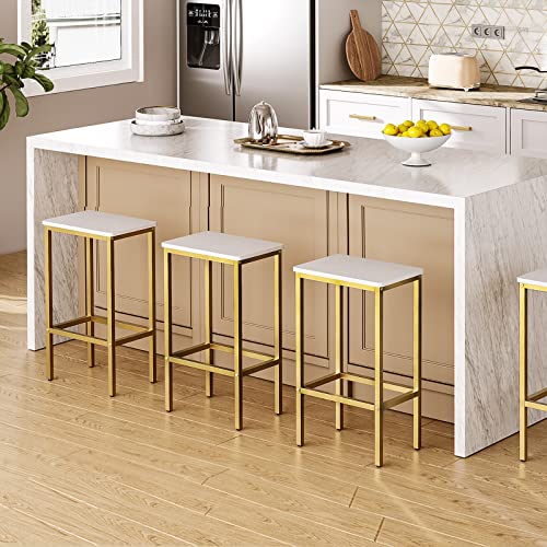 MAHANCRIS Bar Stools, Set of 2 Bar Chairs, Kitchen Breakfast Bar Stools with Footrest, 25.8-Inch Height, Rectangular Industrial Bar Stools, for Dining Room, Easy Assembly, White and Gold BAJW0101