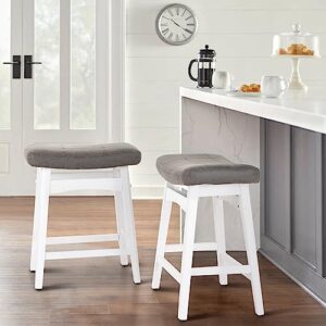 erste!bravo white solid wood bar stools set of 2 for kitchen counter height barstools with faux leather saddle seat farmhouse upholstered stools for 34"-38" counter island, grey cushion & white legs