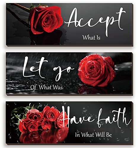 3 Pcs Red Decor Flower Inspirational Wooden Wall Art Red Roses Decor Office Wall Decor with Accept Let Go Have Faith Positive Quotes for Girl Women Bathroom Living Room Bedroom(Red Rose12 x 4 Inch)