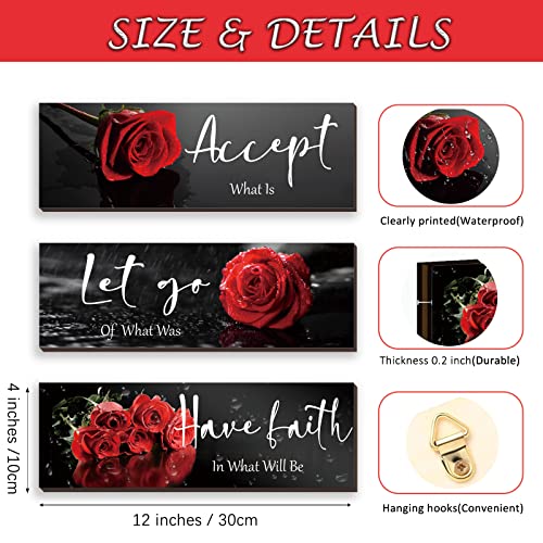 3 Pcs Red Decor Flower Inspirational Wooden Wall Art Red Roses Decor Office Wall Decor with Accept Let Go Have Faith Positive Quotes for Girl Women Bathroom Living Room Bedroom(Red Rose12 x 4 Inch)