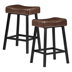 mneetrung bar stools set of 2, counter height saddle-seat pu leather bar stools for kitchen counter backless modern square barstools upholstered faux leather stools farmhouse island, brown