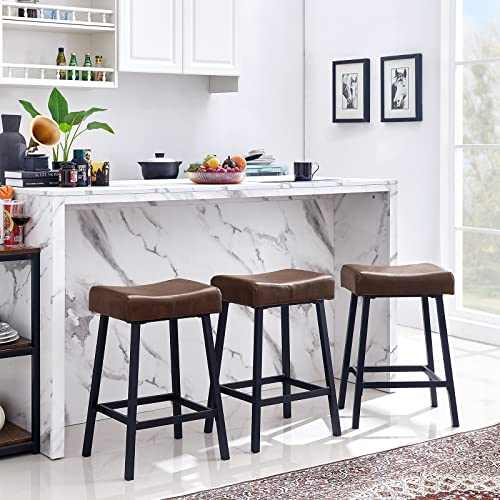 MNEETRUNG Bar Stools Set of 2, Counter Height Saddle-Seat PU Leather Bar Stools for Kitchen Counter Backless Modern Square Barstools Upholstered Faux Leather Stools Farmhouse Island, Brown