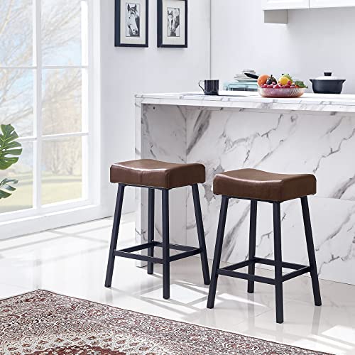 MNEETRUNG Bar Stools Set of 2, Counter Height Saddle-Seat PU Leather Bar Stools for Kitchen Counter Backless Modern Square Barstools Upholstered Faux Leather Stools Farmhouse Island, Brown