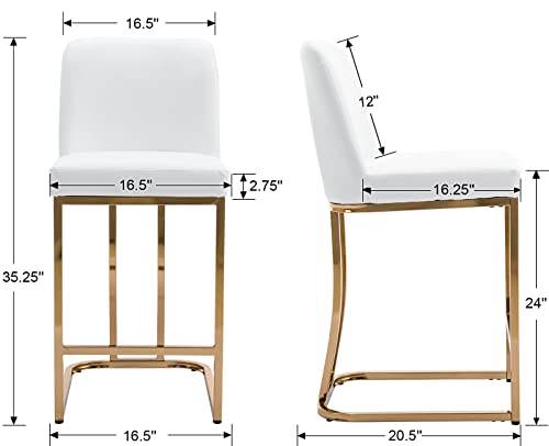 RIVOVA 24" Counter Height Bar Stools Set of 2 with Back, Modern PU Leather Bar Stool for Kitchen Island, Upholstered Pub Stools with Footrest, Armless Dining Chairs for Bar, White