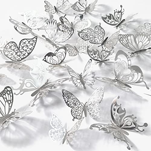 Ewong 3D Butterfly Decoration 60Pcs Wall Decal, Birthday Cake Party Decor 5 Style Sticker Art Craft, Kid Nursery Classroom Wedding Baby Shower Girl Bedroom Home Room Office Gift Decorative (Silver)