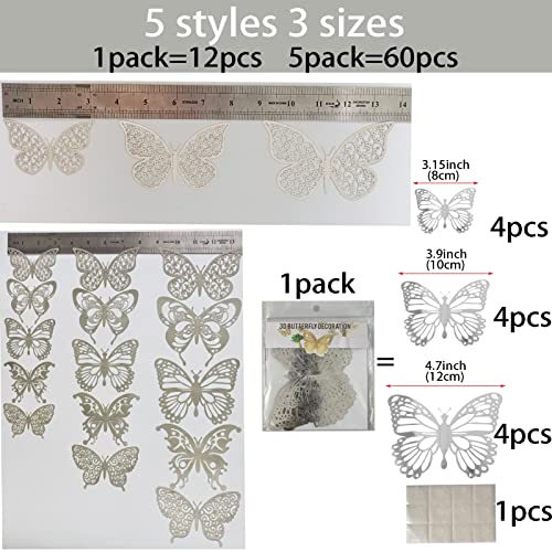 Ewong 3D Butterfly Decoration 60Pcs Wall Decal, Birthday Cake Party Decor 5 Style Sticker Art Craft, Kid Nursery Classroom Wedding Baby Shower Girl Bedroom Home Room Office Gift Decorative (Silver)