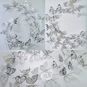 Ewong 3D Butterfly Decoration 60Pcs Wall Decal, Birthday Cake Party Decor 5 Style Sticker Art Craft, Kid Nursery Classroom Wedding Baby Shower Girl Bedroom Home Room Office Gift Decorative (Silver)