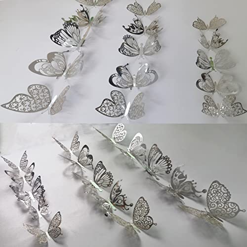 Ewong 3D Butterfly Decoration 60Pcs Wall Decal, Birthday Cake Party Decor 5 Style Sticker Art Craft, Kid Nursery Classroom Wedding Baby Shower Girl Bedroom Home Room Office Gift Decorative (Silver)