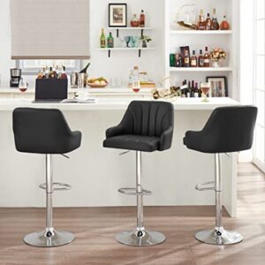 VECELO Bar Stools Set of 2, Adjustable Barstools, Counter Height Stools with Back and Arm, Kitchen Island Stools, Swivel PU Chairs for Pub, Dining Room, Modern Style, Black