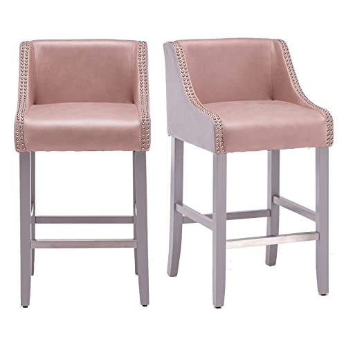 Pink Bar Stools Set of 2, 28 Inch Modern Bar Height Stools with Back and Nailhead Trim, Upholstered Farmhouse Bar Stool Bar Chairs for Kitchen Island, Home Bar Pub, Pink and Gray