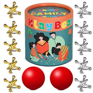 KlayBear Jacks Game with Ball, Retro Vintage Jax Game for Kids and Adults, Classic Board Games with 10 Metal Jacks & 2 Red Rubber Balls, Old Fashion Traditional Table Games for Family Game Night