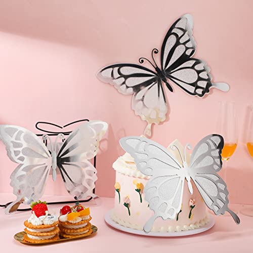 12 Pcs Large Butterfly Party Decoration Paper Butterfly in 2 Different Size 3D Butterfly Wall Decor Set Giant Butterfly for Birthday Baby Shower Nursery Girl Bedroom Wedding (Silver)