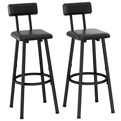 LIDYUK Bar Stools Set of 2, PU Upholstered Barstools with Back, Footrest, Simple Assembly, Industrial, Tall Counter Stools for Kitchen Island Dining Room Bar, Black