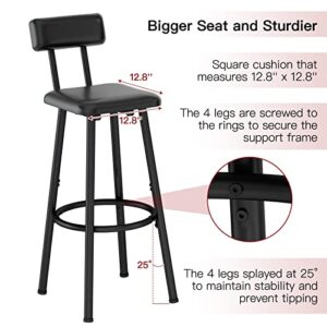 LIDYUK Bar Stools Set of 2, PU Upholstered Barstools with Back, Footrest, Simple Assembly, Industrial, Tall Counter Stools for Kitchen Island Dining Room Bar, Black