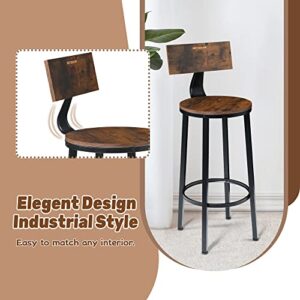 BETTAHOME Bar Stools Set of 2, 29 Inch Bar Chairs for Counter Height, Wooden Barstools with Footrest and Backrest, Rustic Brown and Black BT008