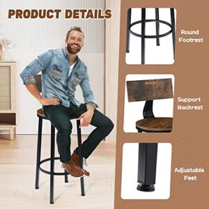 BETTAHOME Bar Stools Set of 2, 29 Inch Bar Chairs for Counter Height, Wooden Barstools with Footrest and Backrest, Rustic Brown and Black BT008