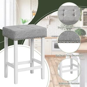 Giantex Bar Stools Set of 2, 24.5" Counter Height Backless Barstools with Nailhead Linen Foam Seat, Foot Rest, Max Load 330 Lbs Rubber Wood Bar Stools for Kitchen Island Pub