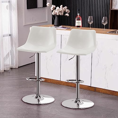 VATROS Bar Stools Set of 2, Adjustable Bar Stools with Back and Footrest, PU Leather Upholstered Swivel Counter Height Bar Stools for Home Kitchen Island-White