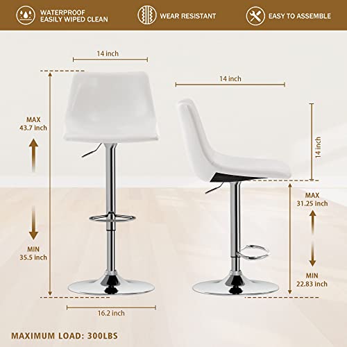 VATROS Bar Stools Set of 2, Adjustable Bar Stools with Back and Footrest, PU Leather Upholstered Swivel Counter Height Bar Stools for Home Kitchen Island-White