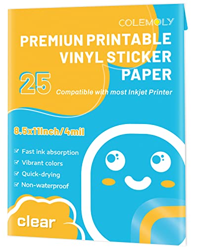 Sticker Paper Clear Printable Vinyl for Inkjet Printer-25 Transparent Dry-Quick Sheets of 8.5’’x11’’ Decals and Labels Self-Adhesive Non-Waterproof Papers Tear Resistance Bright Color for DIY