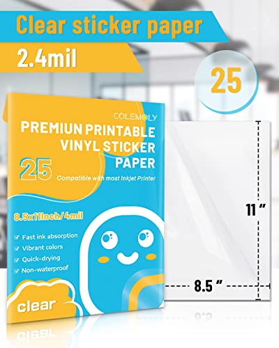 Sticker Paper Clear Printable Vinyl for Inkjet Printer-25 Transparent Dry-Quick Sheets of 8.5’’x11’’ Decals and Labels Self-Adhesive Non-Waterproof Papers Tear Resistance Bright Color for DIY