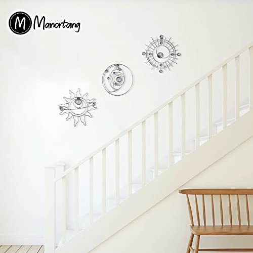 Manortang Silver Metal Abstract Sun Moon Star Art Wall Decor,Modern Wire Line Art Decorations,Embelished Silver Foil Art,Mystical Star Circle Planet Handmade Wall Decor Party Office Kitchen Bedroom Bathroom Living Room 9inch