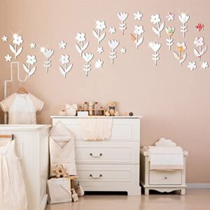 3d flower mirror wall sticker floral wall stickers for girls bedroom removable silver acrylic mirror wall stickers peel and stick wall decals art mural for living room bathroom classroom decor