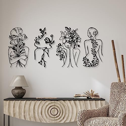 Therwen 4 Metal Minimalist Abstract Woman Wall Art Decor Line Drawing Modern Single Line Female Home Decor Hanging Abstract Woman Body Shape Art Print for Bedroom Living Room Bathroom, 17 x 10 in