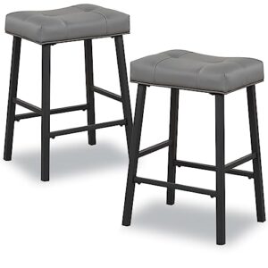 counter height bar stools set of 2, 24 inch kitchen bar stools with backless, saddle upholstered seat padding stools for kitchen island,breakfast, bar, dining room, grey-black, metal kr302pdg
