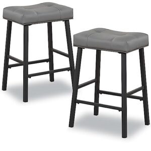 Counter Height Bar Stools Set of 2, 24 Inch Kitchen Bar Stools with Backless, Saddle Upholstered Seat Padding Stools for Kitchen Island,Breakfast, Bar, Dining Room, Grey-Black, Metal KR302PDG