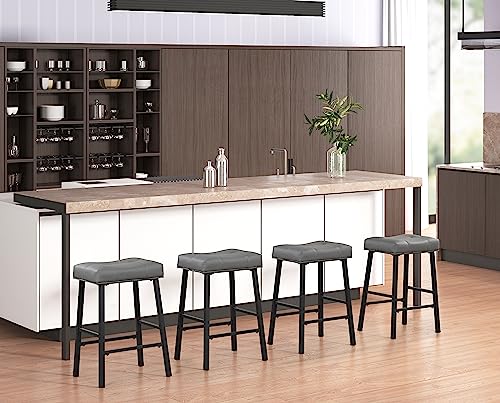 Counter Height Bar Stools Set of 2, 24 Inch Kitchen Bar Stools with Backless, Saddle Upholstered Seat Padding Stools for Kitchen Island,Breakfast, Bar, Dining Room, Grey-Black, Metal KR302PDG