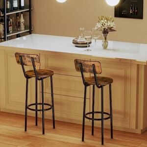 HOOBRO Bar Stools with Back, Set of 2 Bar Chairs, Counter Stools with Footrest, for Kitchen, Living Room, Bar, Adjustable Feet, Rustic Brown and Black BF32BY01