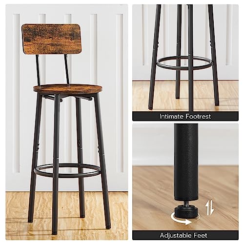 HOOBRO Bar Stools with Back, Set of 2 Bar Chairs, Counter Stools with Footrest, for Kitchen, Living Room, Bar, Adjustable Feet, Rustic Brown and Black BF32BY01