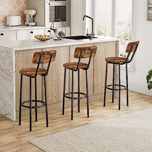 HOOBRO Bar Stools with Back, Set of 2 Bar Chairs, Counter Stools with Footrest, for Kitchen, Living Room, Bar, Adjustable Feet, Rustic Brown and Black BF32BY01