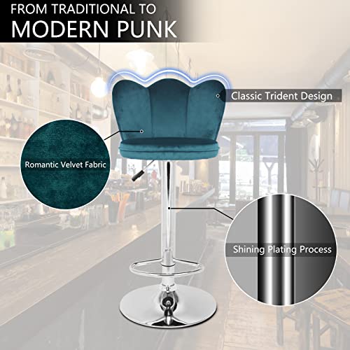 KR EVERKIND Velvet Bar stools, Classic Trident Design Swivel Barstools with Low Back & Footrest, Modern Counter Height Adjustable Bar Chair for Kitchen Island, Blue Set of 2