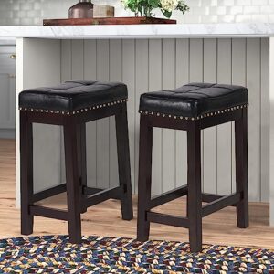 backless bar stools set of 2, 24 inch saddle seat bar stools counter height with footrest, pu leather kitchen counter stools set of 2(brown)
