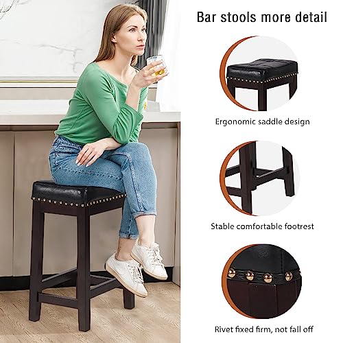 Backless Bar Stools Set of 2, 24 Inch Saddle Seat Bar Stools Counter Height with Footrest, PU Leather Kitchen Counter Stools Set of 2(Brown)