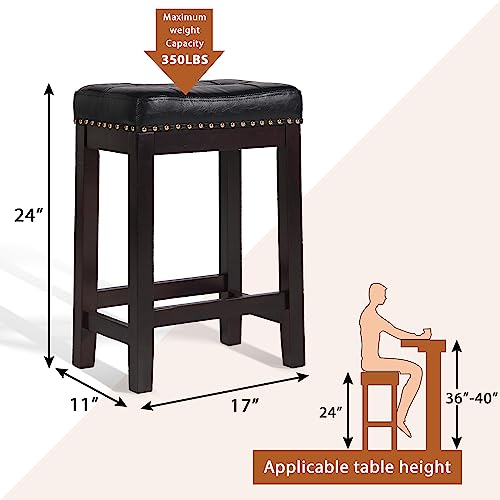 Backless Bar Stools Set of 2, 24 Inch Saddle Seat Bar Stools Counter Height with Footrest, PU Leather Kitchen Counter Stools Set of 2(Brown)