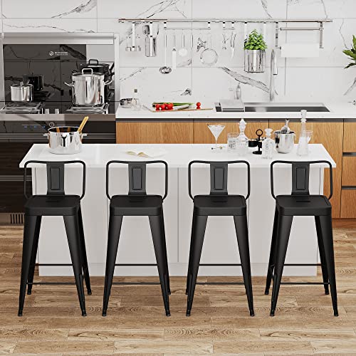 WENTMENT Metal Bar Stools Set of 4 Counter Height Bar Stools Barstools with Removable Back 24" Kitchen Bar Stools, Black